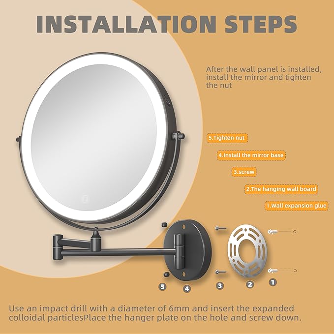 8.5" Wall Mounted Makeup Mirror with Light, 2000mAh Rechargeable Double Sided 1X / 10X Magnifying Vanity Mirror, 3 Color Lights Touch Dimmable 360° Rotation Bathroom Mirror, Black