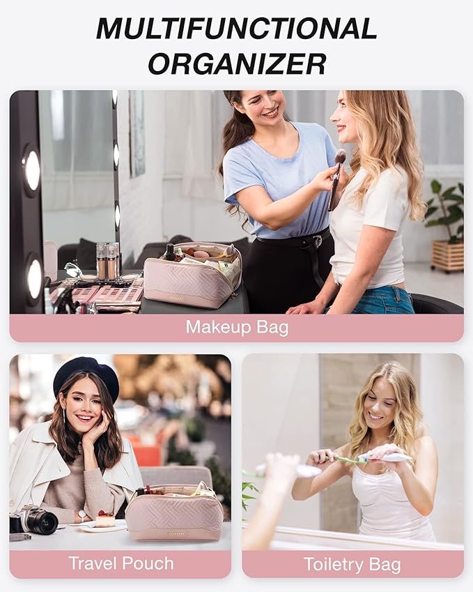 BAGSMART Makeup Bag Cosmetic Bag, Travel Makeup Bag,Water-resistent Makeup Bags for Women Portable Pouch Open Flat Make Up Organizer Bag for Toiletries, Brushes, Pink