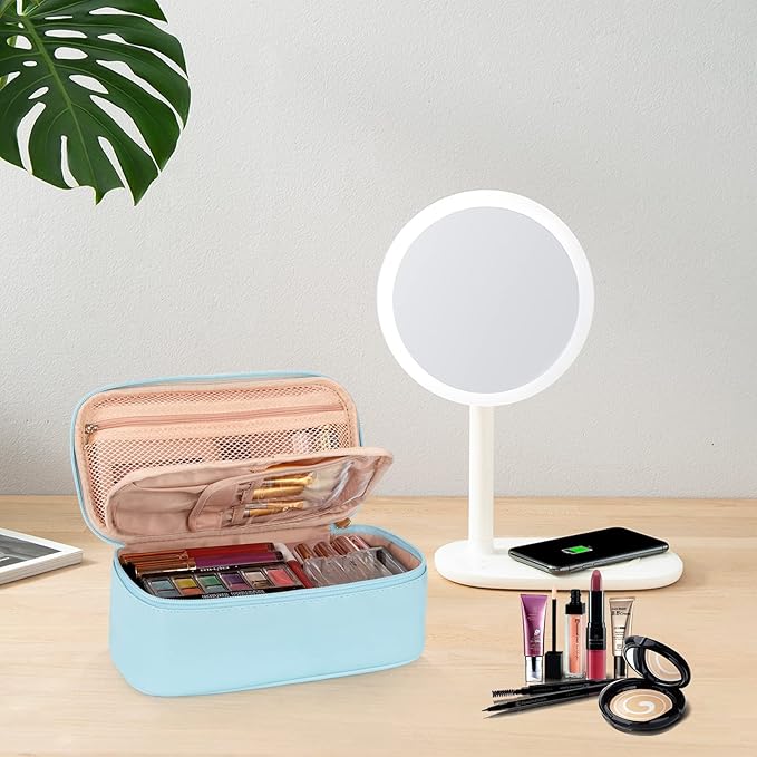 OCHEAL Small Makeup Bag,Portable Cute Travel Makeup Bag Pouch for Women Girls Makeup Brush Organizer Cosmetics Bags with Compartment-Blue