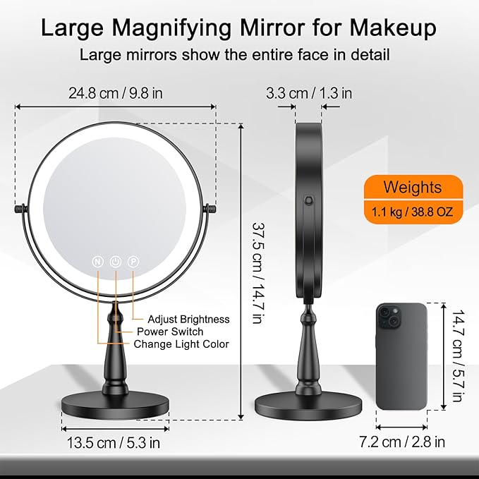 Makeup Mirror with Lights, 20X Magnifying Mirror with Light and 3 Colors, 9" Vanity Mirror with Lights and Adjustable Brightness, 2-Sided Tabletop Mirrors with 360° Rotation, Black Desk Mirrors
