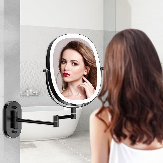 FUNTOUCH Rechargeable Wall Mounted Lighted Makeup Vanity Mirror, Double Sided 1X/7X Magnification, 3 Dimmable Light Settings, Extension Arm, Oval Frame, Ideal for Makeup