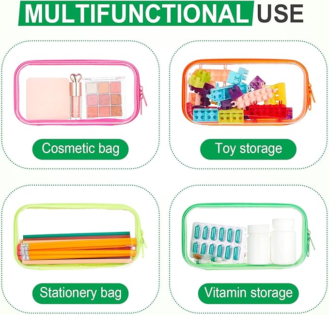 Hoolerry 4 Pcs Hard Clear Zipper Case Makeup Bags Plastic Pencil Pouch Transparent Storage Box Containers for Cosmetics, Snacks, Building Blocks, Puzzles(Fluorescent,7.5 x 3.9 x 2 in)