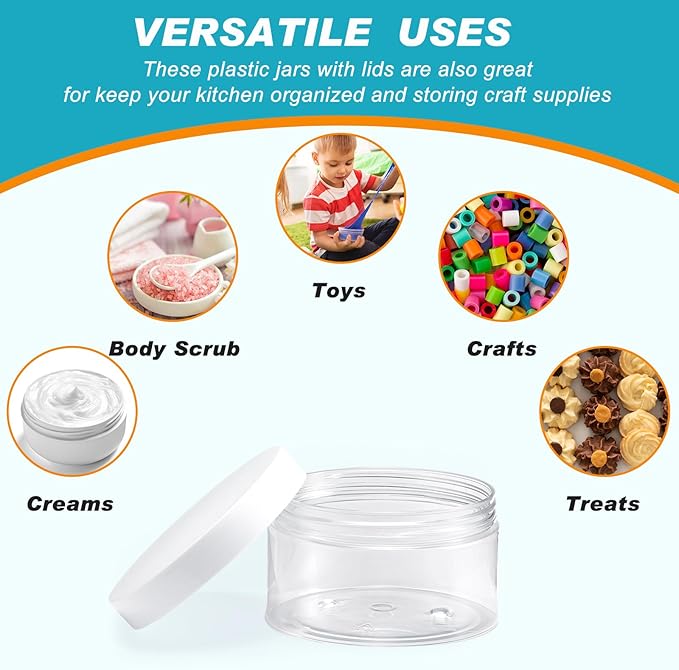 Uiifan 48 Pcs 8 oz Plastic Jars with Lids &labels, Empty Refillable Cosmetic Leak Proof Containers for Cream Body Butters Powder Ointment Lip Scrub(Clear)