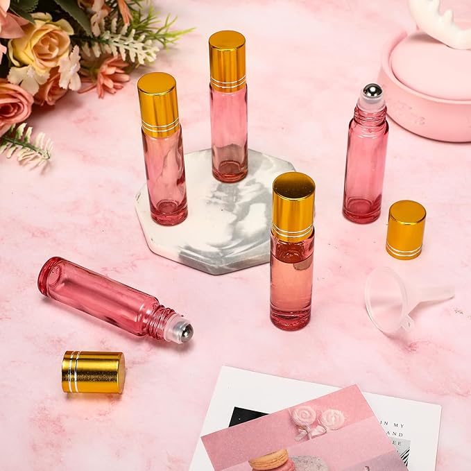 Sumind 150 Pcs Essential Oil Roller Bottles 10 ml Glass Empty Roll on Bottles with Stainless Steel Balls Leak Proof with 5 Funnel for Travel Essential Oil(Pink)