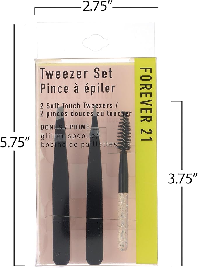 3pc Black Tweezer Set & Glitter Spoolie - Hair Removal Tweezers,Angled and Pointed Tweezer Set, Precision Tweezers & Eyelash Spoolie Set