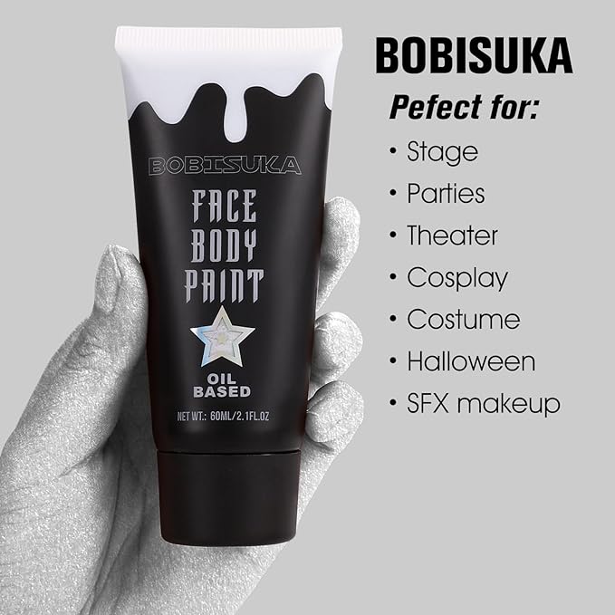 BOBISUKA Silver Face Body Paint, Metallic Oil-based Painting Kit, Cream Blendable Facepaint for Halloween Cosplay, Costume, Parties, Stage, Theater, SFX Special Effect Makeup(2.1 Fl.oz)