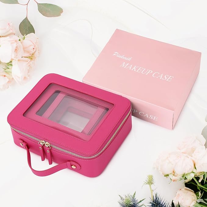 Pinkmik Clear Makeup Bag Waterproof Travel Case for Cosmetics and Toiletries Women's Purse Organizer and Clear Car Bag with Zipper (X/Fuxia, L+M+MINI)