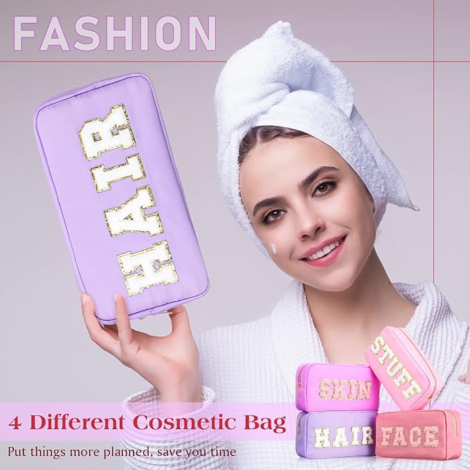 Cunno 4 Pcs Preppy Makeup Bags Chenille Letter Stuff Bag Nylon Cosmetic Pouch Cases with Zipper for Women Travel Toiletry