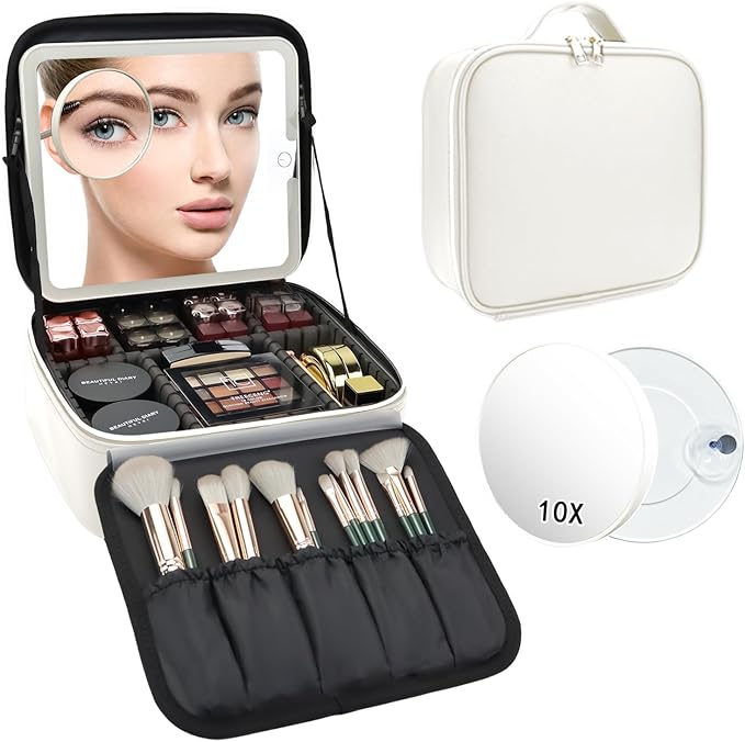Travel Makeup Bag with LED Mirror and 10x magnifying glass with 3 Lighted Settings, Adjustable Dividers and Makeup Brush Storage Bag White
