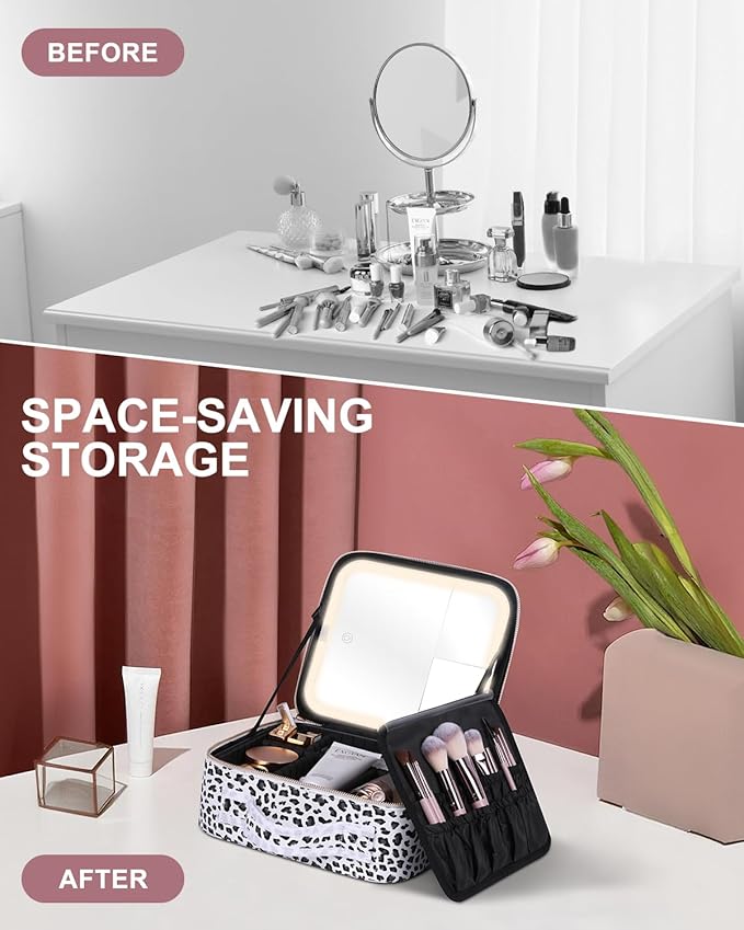 Makeup Bag with LED Mirror, Makeup Organizer Train Case with 1X,2X,3X Vanity Mirror, Adjustable Brightness in 3 Color Settings, with Brush Holder & Storage Dividers, Leopard