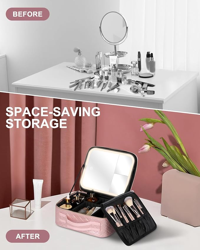 Makeup Bag with LED Mirror, Makeup Organizer Train Case with 1X,2X,3X Vanity Mirror, Adjustable Brightness in 3 Color Settings, Portable Make up Bag with Brush Holder & Storage Dividers, Pink