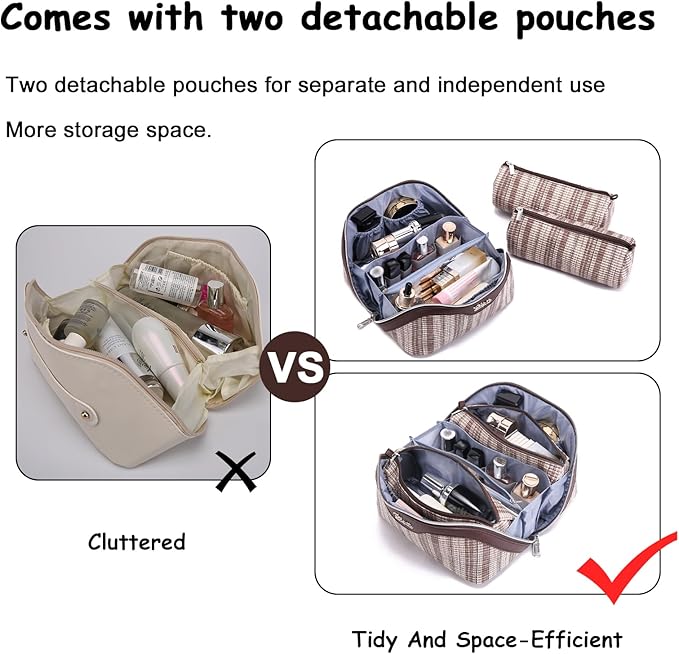 Travel Makeup Bag for Women: Large Capacity Open Flat Make up Bag Set of 3 - Vegan Leather Cosmetic Bag with Compartments - Waterproof Toiletry Bag with Handle & Divider(Brown)