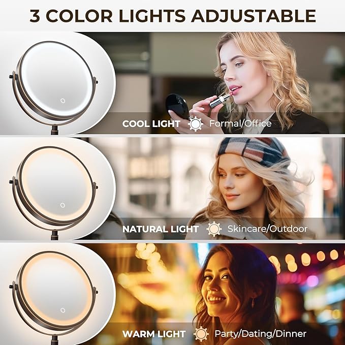 8" Wall Mounted Lighted Makeup Mirror, 3000mAh Rechargeable Double Sided 1X/10X Magnifying Mirror with Hook, 3 Color Lights Touch Dimmable 360° Rotation Vanity Mirror for Bathroom (Antique Bronze)