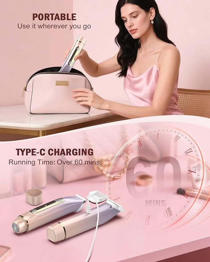 Bikini Trimmer for Women - 2 in 1 Dual Head Bikini Shaver, Painless Electric Razors for Silk Skin, Ceramic Blade, Waterproof Wet & Dry Use Body Hair Removal for Trip(Purple)