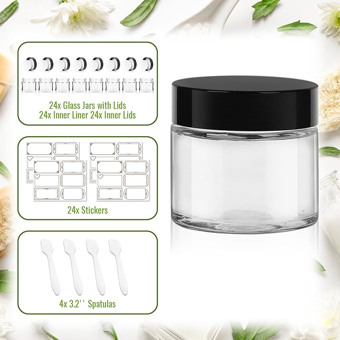 2 oz Clear Glass Jars with Lids 24Pack, Small Jars with Inner Liners for Sample, Powder, Cream, Lotion and Ointments with Stickers & Spatulas Included