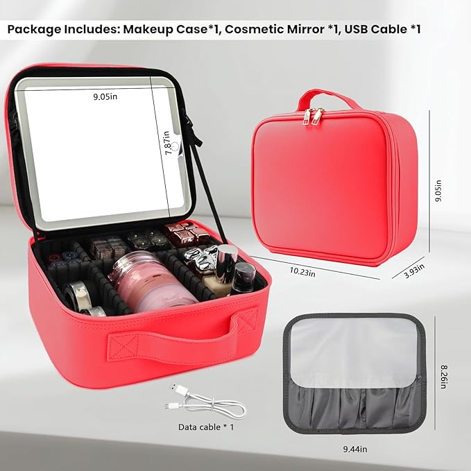 Travel Makeup Bag with LED Mirror and Light Makeup Travel Bag Organizer Portable Cosmetic Brush Organizer Bag with Adjustable Dividers for Cosmetics Makeup Brushes Toiletry (Light Red)