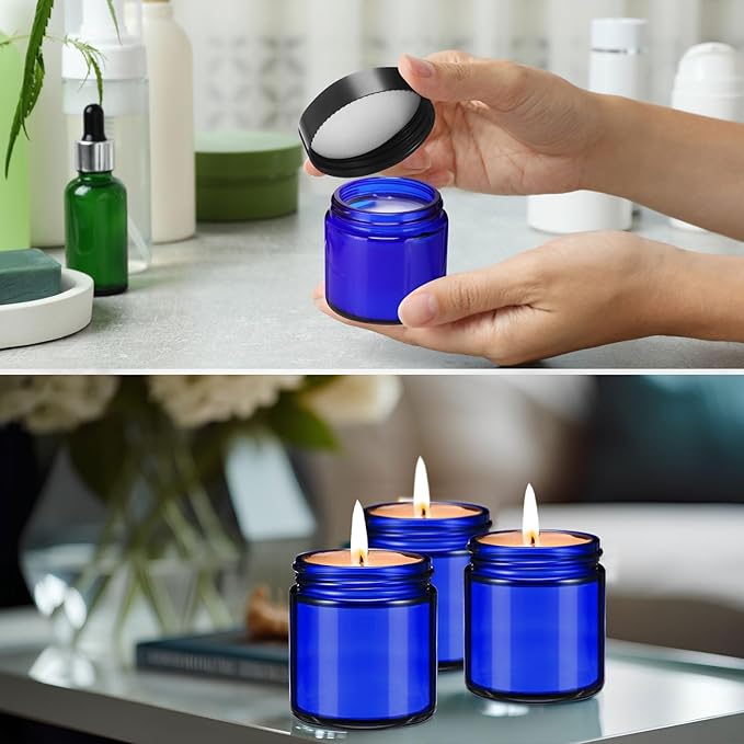 Norme 12 Pcs 4 oz Glass Jars with Lids Leakproof Round Airtight Empty Cosmetic Jars with Inner Liners Lid for Storing Lotions Powder Ointments Candle Making Tins (Blue,Black)