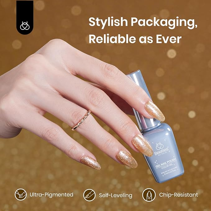 Beetles Gold Glitter Gel Polish, 1pc 9ml Gold Shimmer Sparkly Nail Polish Long-Lasting Soak Off U V LED Shiny Champagne Gel Nails Salon-quality Gift for Women Girls