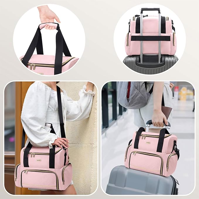 Large Makeup Cosmetic Bag with 2 Removable Case, Double Layer Travel Makeup Organizer Case, travel Toiletry Bag For Women, Pink