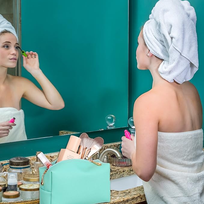 Sanwuta 9 Pcs Makeup Bags Bulk PU Double Zippers Cosmetic Bag Makeup Toiletry Pouch Portable Travel Organizers Case for Women Bachelorette Party End of The Year Bridesmaid Gift(Green)