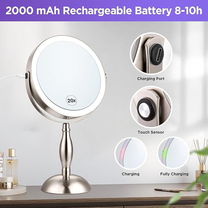 20x Magnifying Mirror with Light, Lighted Makeup Mirror with 3 Color Modes and Adjustable Brightness, Side Charging Port & SideTouch Sensor, 360° Rotation Double Sided Standing Mirror-Brushed Nickel