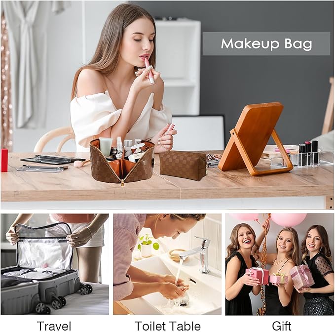 Checkered Travel Makeup Bags Cosmetic Organizer Bag: 2-Set Large Capacity Waterproof Makeup Bag - PU Leather Toiletry Bag for Women - Wide Open Portable Pouch with Handle and Divider (BLACK)