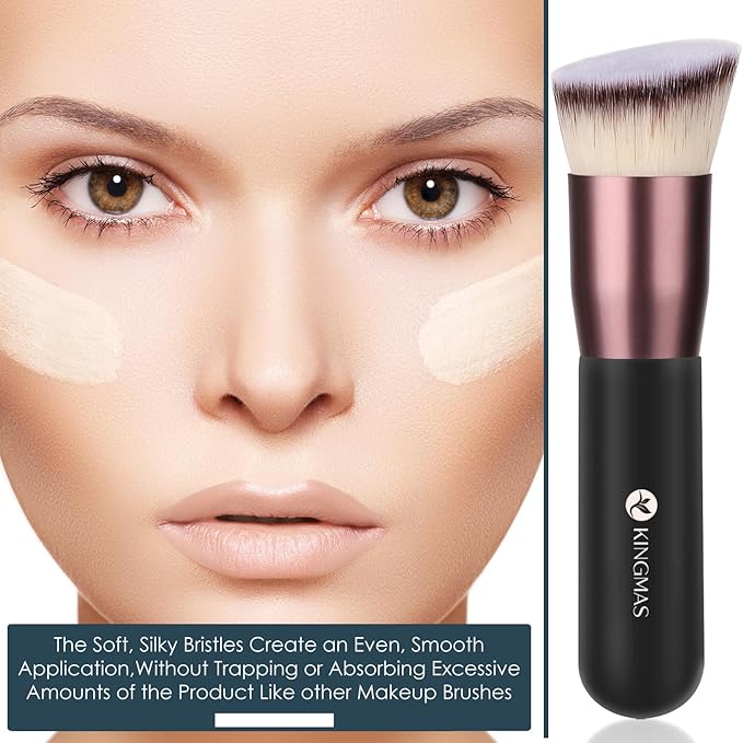 KINGMAS Angled Top Foundation Brush, Premium Kabuki Makeup Brush for Liquid, Blending, Cream, Powder,Blush Buffing Stippling Face Makeup Tools Black