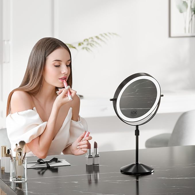 Garvee Lighted Makeup Mirror, Rechargeable Height Adjustable Double Sided Vanity Mirror, 1x/10x True HD Magnifying, Brightness Adjustable, Three Colors, 360° Rotation Vanity, Gift for Women, Black