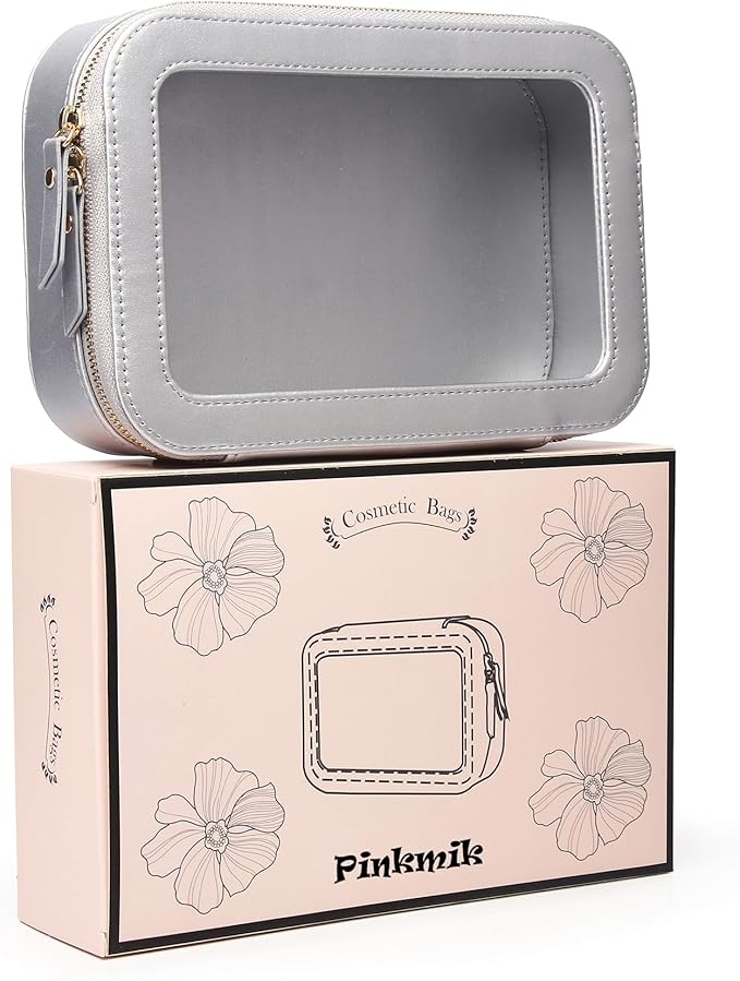 Pinkmik Clear Makeup Bag Transparent Travel Case for Cosmetics and Toiletries Women's Clear Car Bag with Zipper (Gray, Small)
