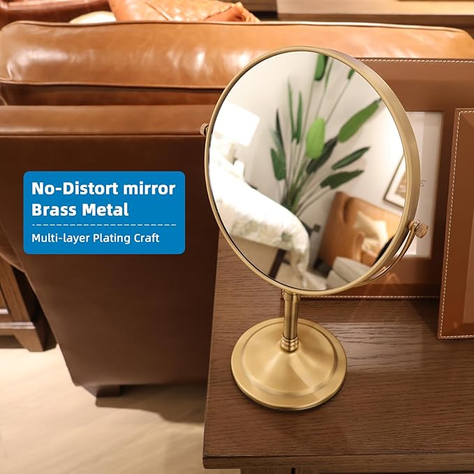 Antique Brass Makeup Mirror 1X/10X Free Standing 8 Inches 360 Swivel Dual-Sided Tabletop Makeup Mirror, Metal