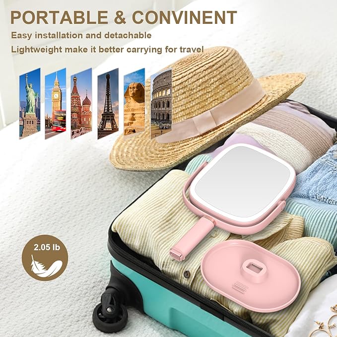 Mocado Makeup Mirror with Lights, 1X/20X Magnifying Mirror with Light, Vanity Mirror with 3 Colors Lights, Height Adjustable Lighted Makeup Mirror, Double Sided 360°Rotation, Memory Function (Pink)