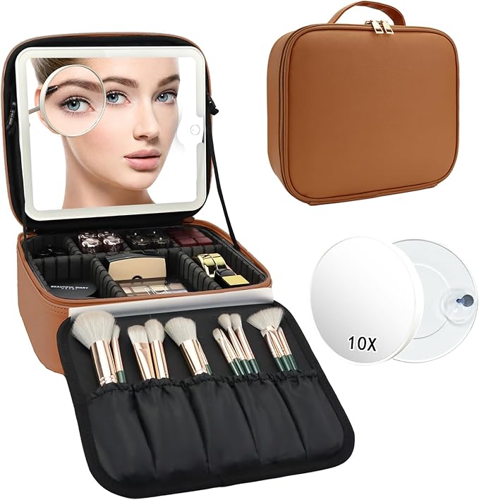 Travel Makeup Bag with LED Mirror and 10x magnifying glass with 3 Lighted Settings, Adjustable Dividers and Makeup Brush Storage Bag Caramel
