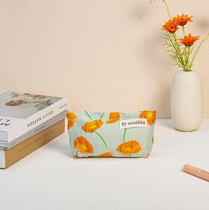 2 Pcs Makeup Bags, Large Cosmetic Bag Travel Toiletry Bag Organizer for Women, Embroidery Craft, Floral Makeup Bag Small Cosmetic Pouch Purse with Zipper Gifts for Girls Teen