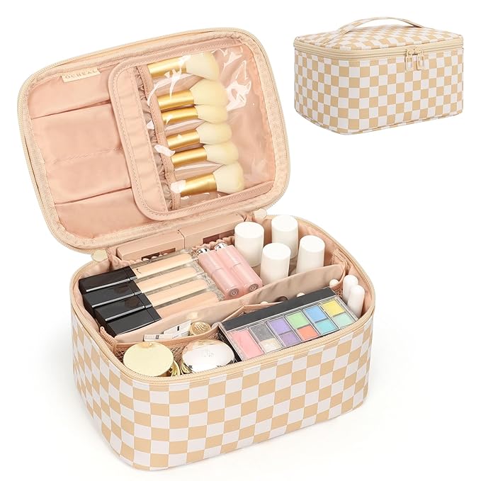 OCHEAL Makeup Bag,Travel Makeup Organizer Case, Large Capacity Cosmetic Bags for Wome Travel Toiletry Bag for Girls Traveling With Brush Slot And Divider-Plaid Beige