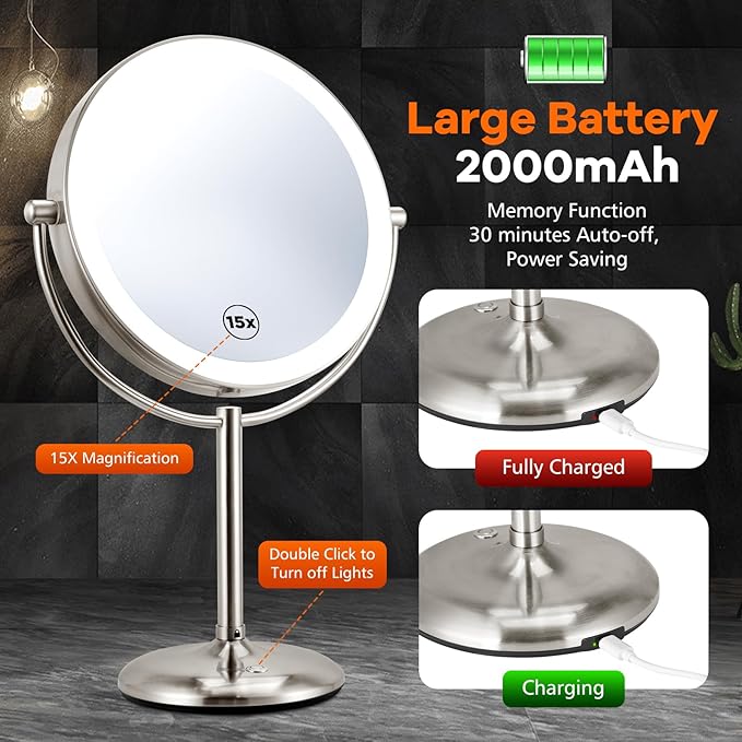 M MIVONDA Makeup Mirror with Lights,1X/15X Brushed Nickel Large Magnifying with Light, 360°Double Side Mirror,3 Color Lights & Adjustable Brightness Vanity Mirror,Gift for Christmas Day