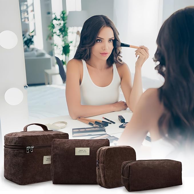4 Pcs Makeup Bag for Women Corduroy Cosmetic Bag Aesthetic Cute Bags Multi Size Purse Pouch Travel Toiletry Bag Set Makeup Organizer with Zipper(Brown)