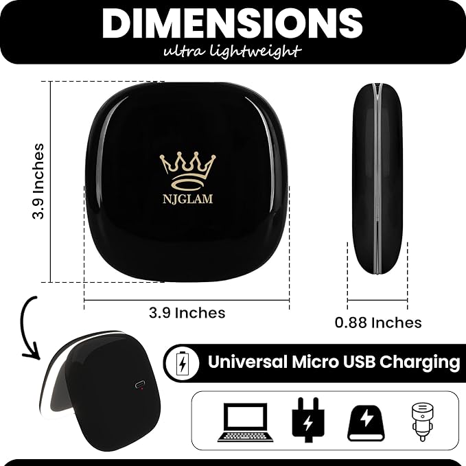 Compact LED Mirror, 3.9 inches 1X &10X Magnification, Auto ON/Off, USB Charging, 3 Light Setting & Dimmable, (Black)