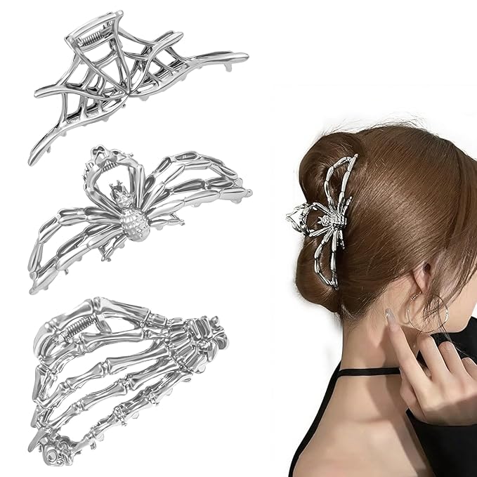 3Pack Metal Black Spider Web hair clips Skeleton Hand Skull Hair Clips for Women And Girls,Goth Accessories for Thick Hair, Claw Clips Hair Accessories Halloween Christmas Gift (Silver 3Pcs)