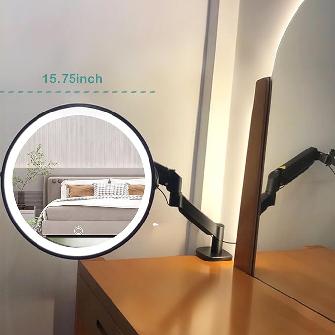 Extendable Arm Makeup Mirror with Lights, 15.75 Inch Vanity Mirror with Clamp and Grommet Base, Adjustable Stand 3-Color Dimmable Lighting Magnifying Mirror for Nearsighted