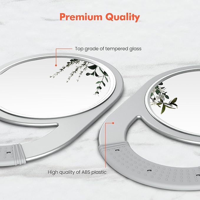 TASALON Unbreakable Hand Mirror, Hand Mirrors with Handle, Salon Barber for Hair, Anti-Slip Hand Held with Rubber Grip for Travel, Makeup, Shaving, Shower, Camping - Silver