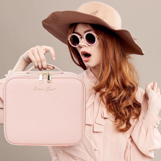 Makeup Travel Train Case with Mirror LED Light 3 Adjustable Brightness Cosmetic Bag Portable Storage Adjustable Partition Waterproof Makeup Brushes Makeup Jewelry Gift for Women (Pink checkered)