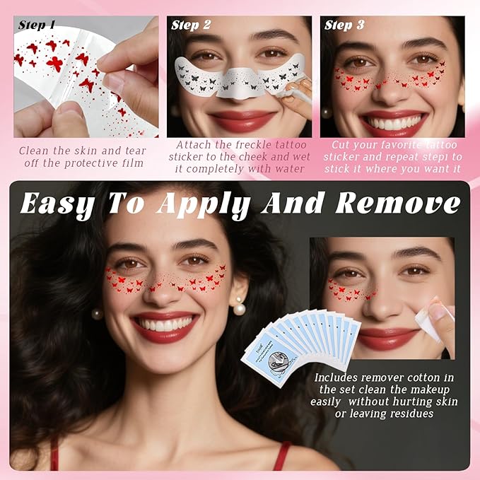 10 Styles Red Glitter Freckles Face Tattoo, Waterproof Sparkle Cute Star Butterfly Face Glitter Speckles Patches for Women, Metallic Temporary Tattoo Halloween Accessories Makeup for Rave