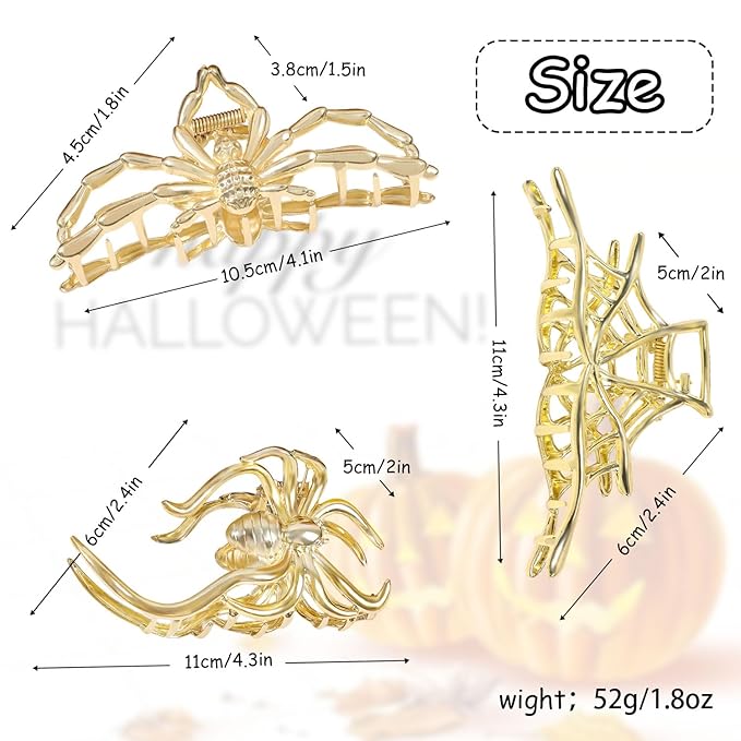 3 Pcs Halloween Claw Clips for Women, Gothic Hair Claws Metal Spider Big Jaw Clamps Hair Accessories for thick Hair Styling Tool Holiday Gifts(Golden)