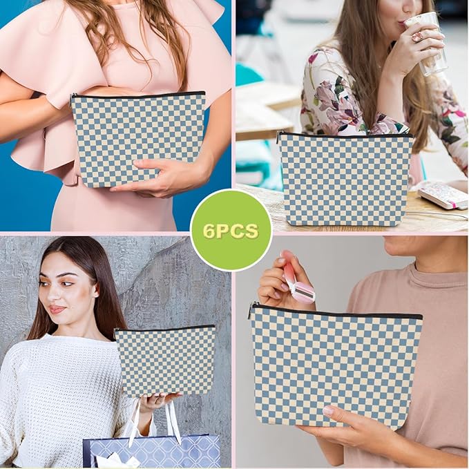 6 Pcs Checkered Makeup Bags Make up Bag Cosmetic Bags for Women Girls Sister Bridesmaid Auntie Friendship Christmas Birthday Travel Toiletry Bag Aesthetic Zipper Organizer Accessories, Cute Blue Plaid