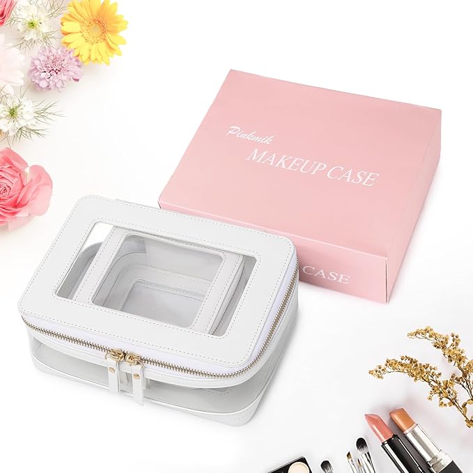 Pinkmik Clear Makeup Bag with Zipper Waterproof Travel Makeup Set for Cosmetics and Toiletries Women's Purse Organizer and Car Essentials (White, M+MINI-1)
