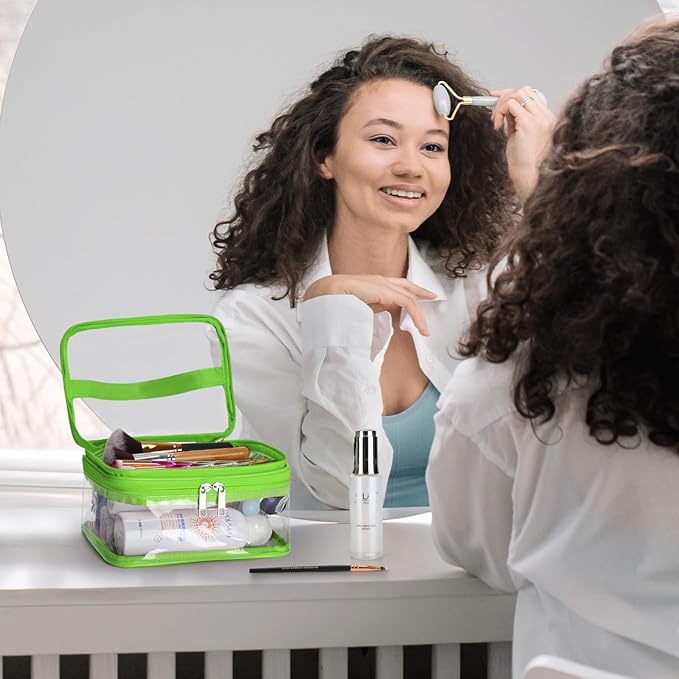 HAOGUAGUA Double Layer Clear Cosmetic Bag Makeup Bag, Waterproof Travel Toiletry Bag, Transparent PVC Pouch Organizer (Green)