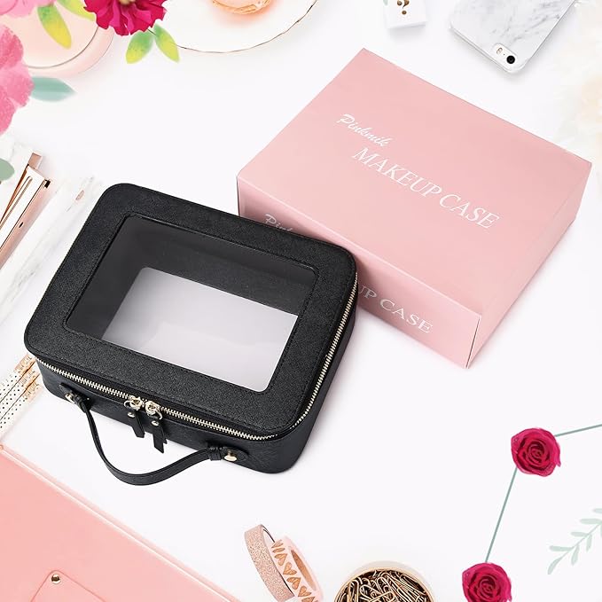Pinkmik Clear Makeup Bag for Women Waterproof Travel Cosmetics and Toiletries Case Portable Makeup Oaganizer Bag Clear Car Bag with Zipper (Black, L)
