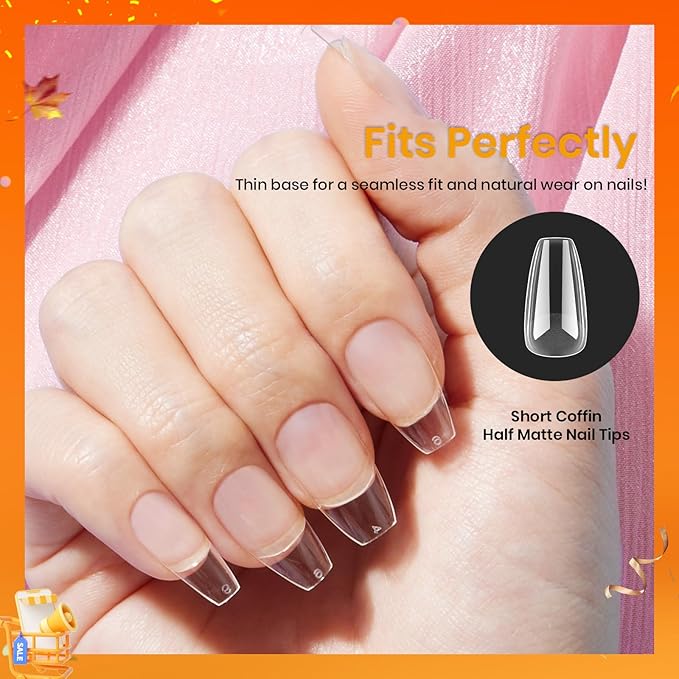 Beetles Gel Nail Tips Short Coffin Pre-Etched Nail Tips, 12 Sizes 288 Pcs Full Cover Soft Tips Half Matte False Nails Clear Acrylic Glue on Nails Extension DIY Manicure Gifts for Women
