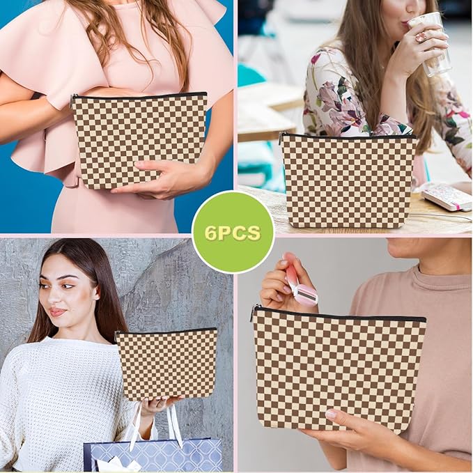 6 Pcs Checkered Makeup Bags Make up Bag Cosmetic Bags for Women Girls Sister Mom Bridesmaid Friendship Christmas Birthday Travel Toiletry Bag Aesthetic Zipper Organizer Accessories, Cute Brown Plaid