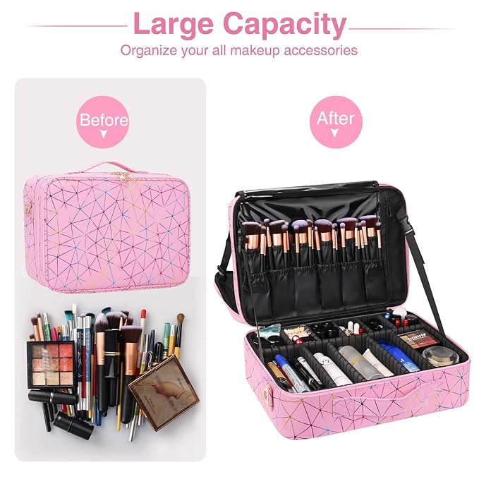 Professional Makeup Case Bag|3 Layers Large Capacity Cosmetic Organizer Brush Bag,Barber Train Case Makeup Artist Box,PU Leather Stylish Geometric Reflection Patterns Pink